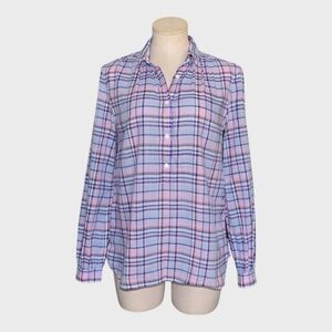J Crew Gathered Henley Top in Lilac Plaid